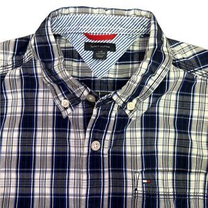 Tommy Hilfiger Boys Large 14/16 Blue Grey White Plaid Button Down Shirt